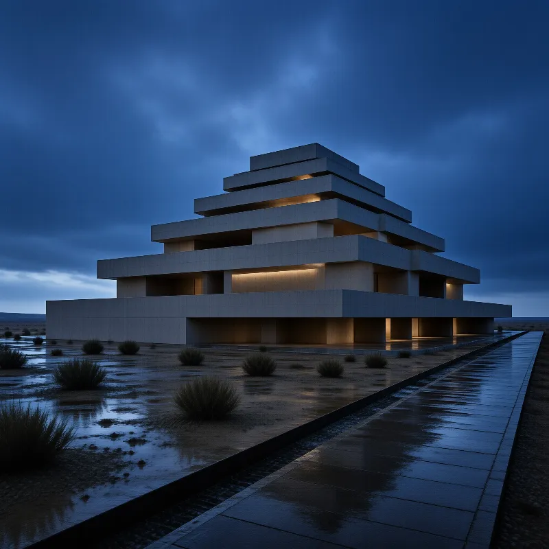 A tiered concrete building stands in a flooded marsh at dusk, warm lights glowing between its levels and a wet path.