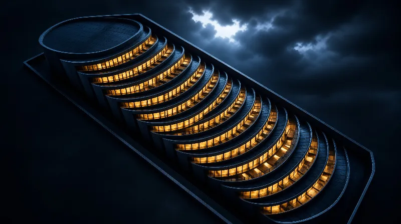 A unique building displays stacked curved levels emitting warm light while surrounded by dark storm clouds in the night.