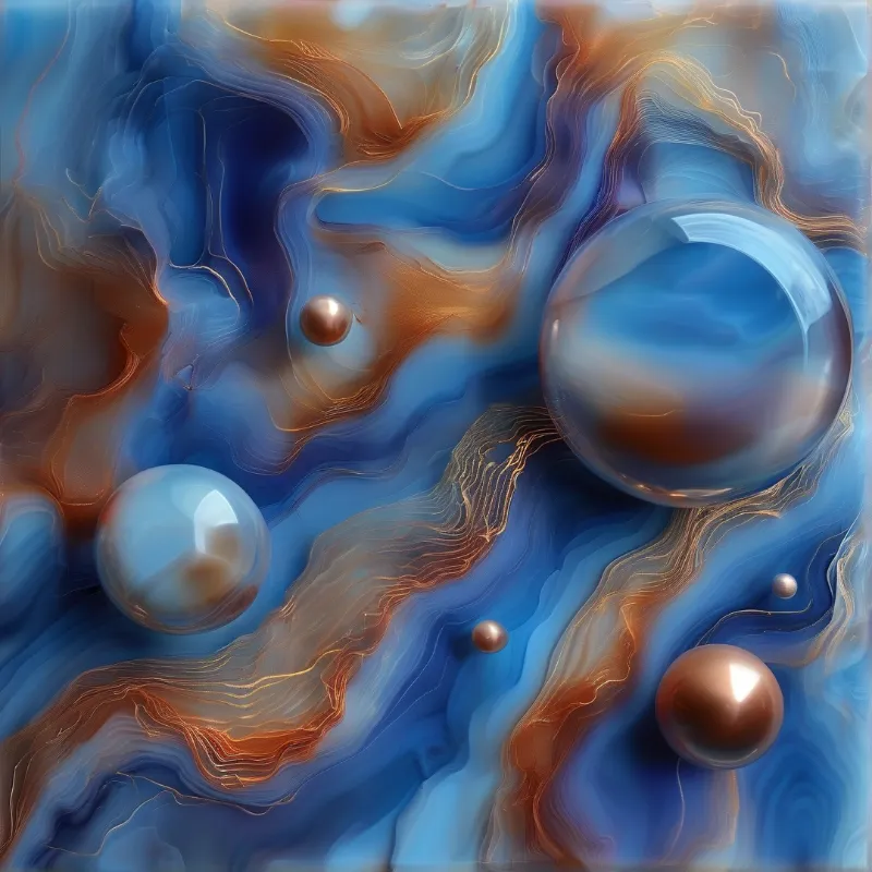 Glossy spheres resembling pearls float within a fluid mixture of deep blue and metallic copper swirls.