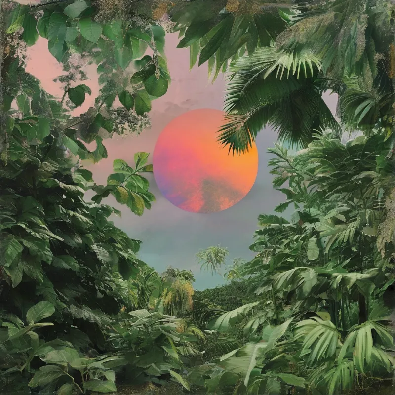 A large gradient sun hangs in a pink sky above a dense forest of green palm fronds and broad leaves.