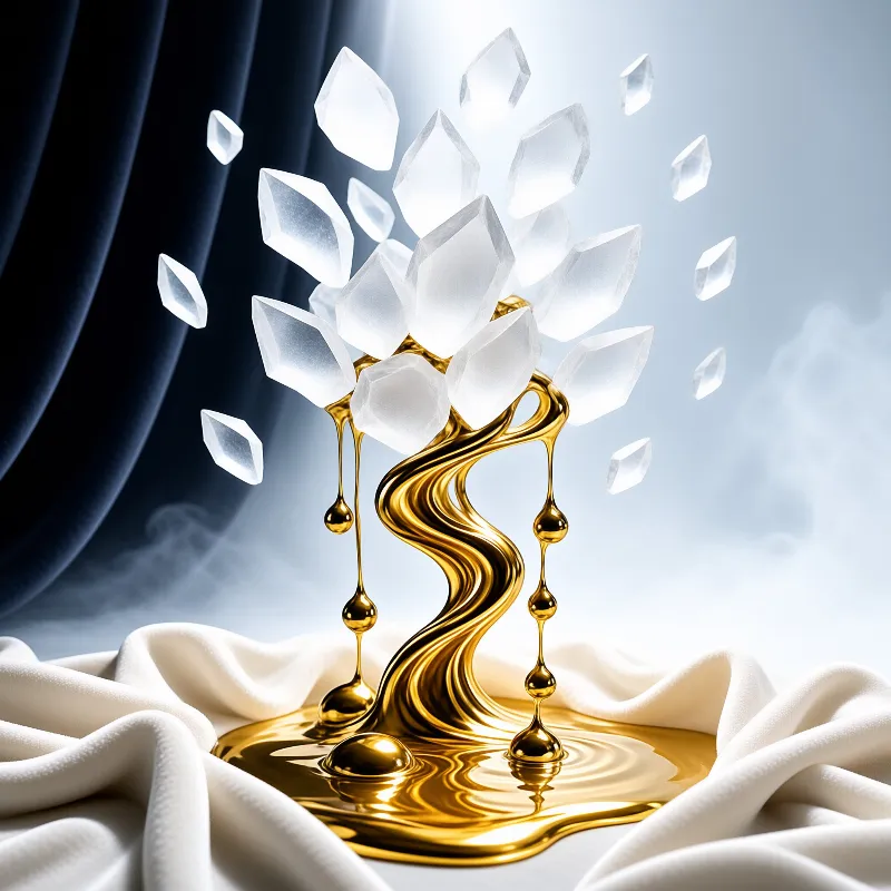 Translucent faceted crystals float above a twisting golden sculpture dripping onto white draped fabric in backlit mist
