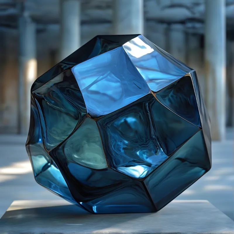 A faceted blue glass polyhedron rests on a gray pedestal surrounded by blurred white architectural columns.