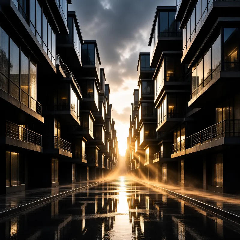 Glass faced towers flank a wet avenue while sunlight bursts through the gap casting golden reflections on the asphalt.