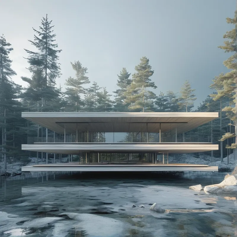 A minimalist glass-and-wood residence floats on a calm lake, surrounded by tall coniferous trees under a hazy sky