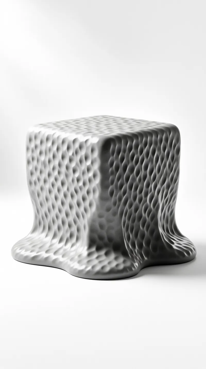 A polished chrome cube with a dimpled texture whose base melts and spreads across a bright white studio floor.