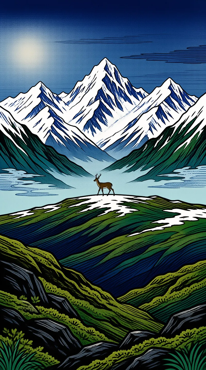A deer stands on a grassy hilltop with snow patches, facing distant snow-capped mountains under a clear sky.