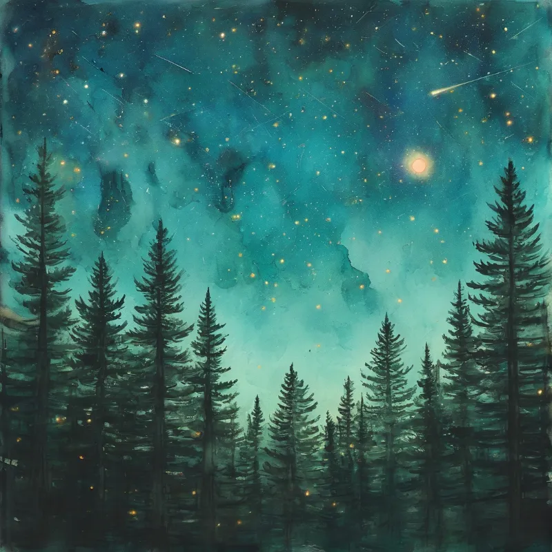 A dense stand of tall dark pines rises against a teal gradient night sky filled with scattered stars, streaking shooting stars and a glowing pale orange moon.