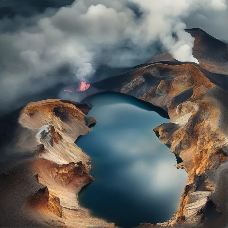 An aerial view of a volcanic crater filled with deep blue water surrounded by rocky slopes and steam.