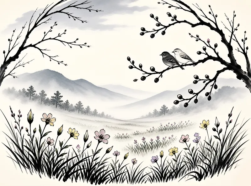 Two small birds sit on a budding branch in this ink painting, overlooking a misty meadow dotted with multicolored wildflowers.