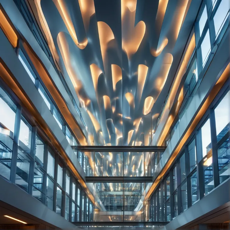 A sweeping terminal interior features a sculpted metal ceiling ribbed with warm light, flanked by tall glass walls.