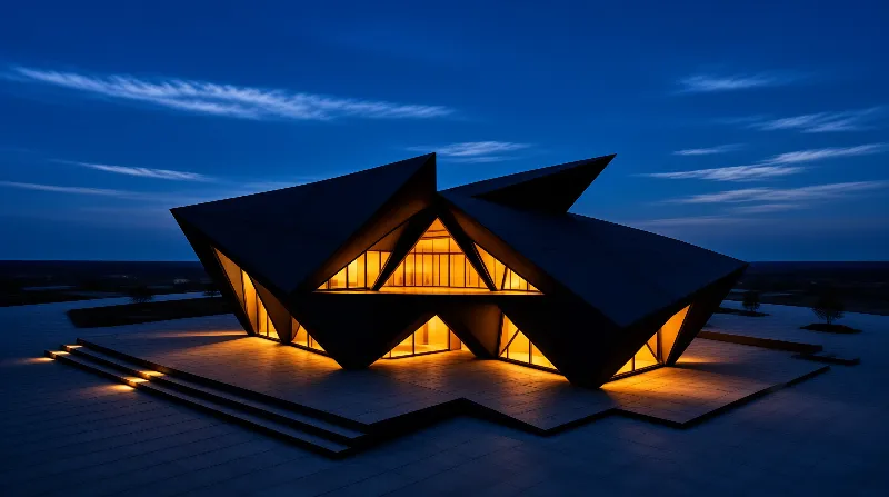 Angular black architecture with glowing orange interiors sits on a stepped plaza beneath a deep blue twilight sky.