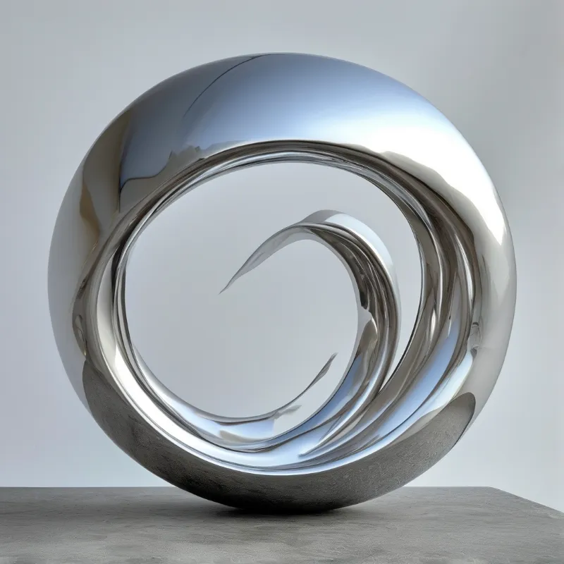 A highly reflective chrome ring sculpture resting on a textured gray surface under diffuse studio light.