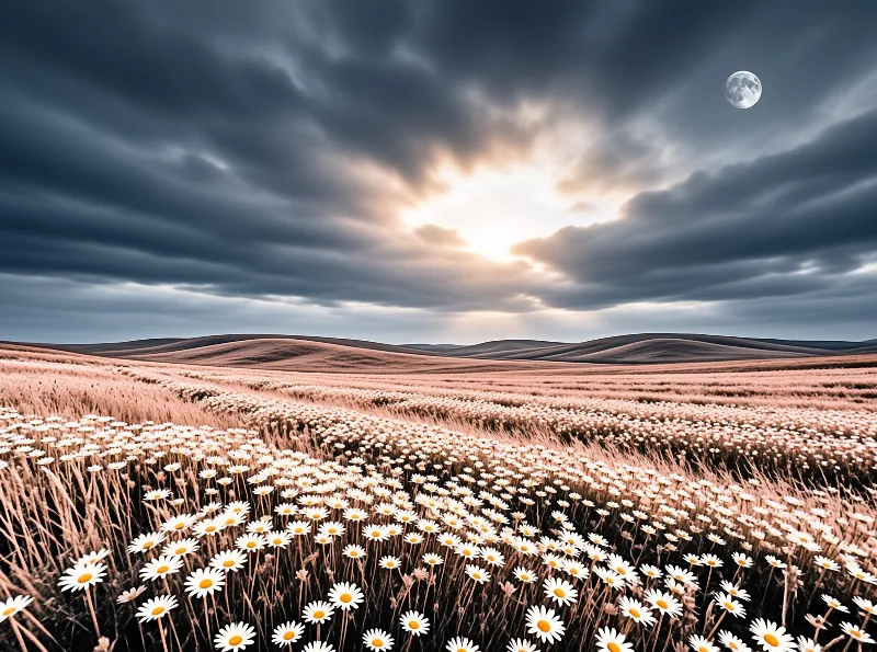 White daisies blanket a golden grassland as sunlight bursts through dark cloud and a pale moon hangs high.