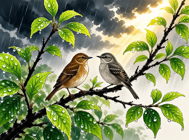 Two small birds stand on a tree branch covered in water droplets while rain falls and sunlight shines through dark clouds behind them.