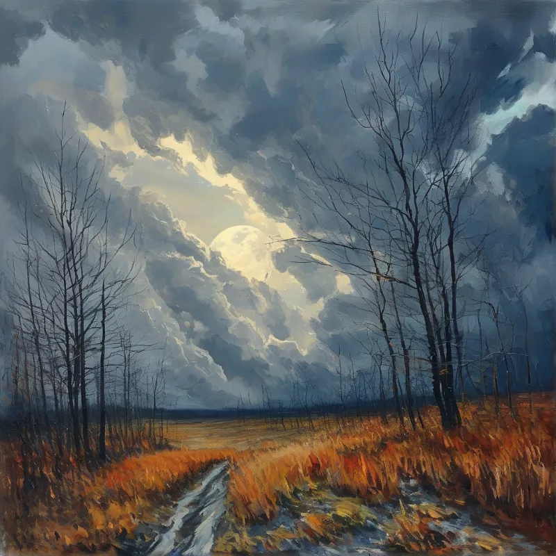 A muddy track winds through golden reeds and leafless trees while a bright moon glows behind heavy grey clouds.