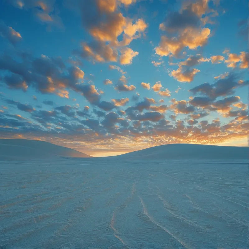 Vast white sand dunes stretch across the foreground while warm orange clouds float in a deep blue sky at sunset.