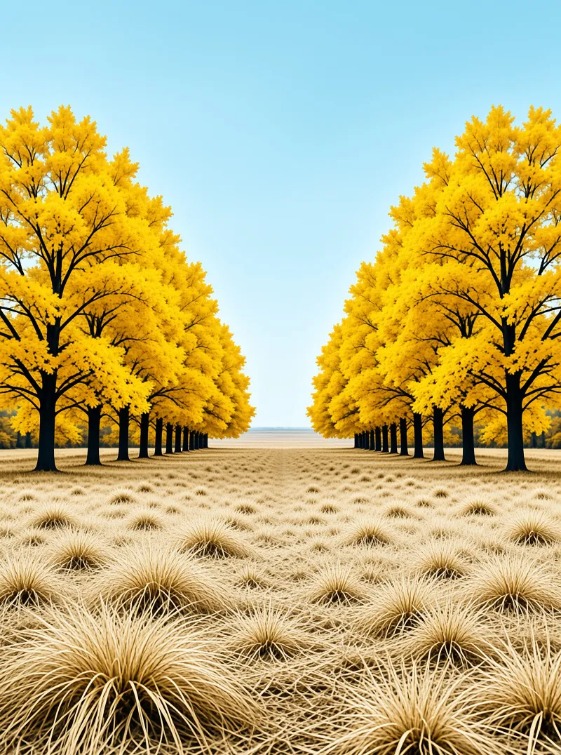 Two parallel rows of bright yellow trees stand on a field of dry tufted grass beneath a clear pale blue sky.