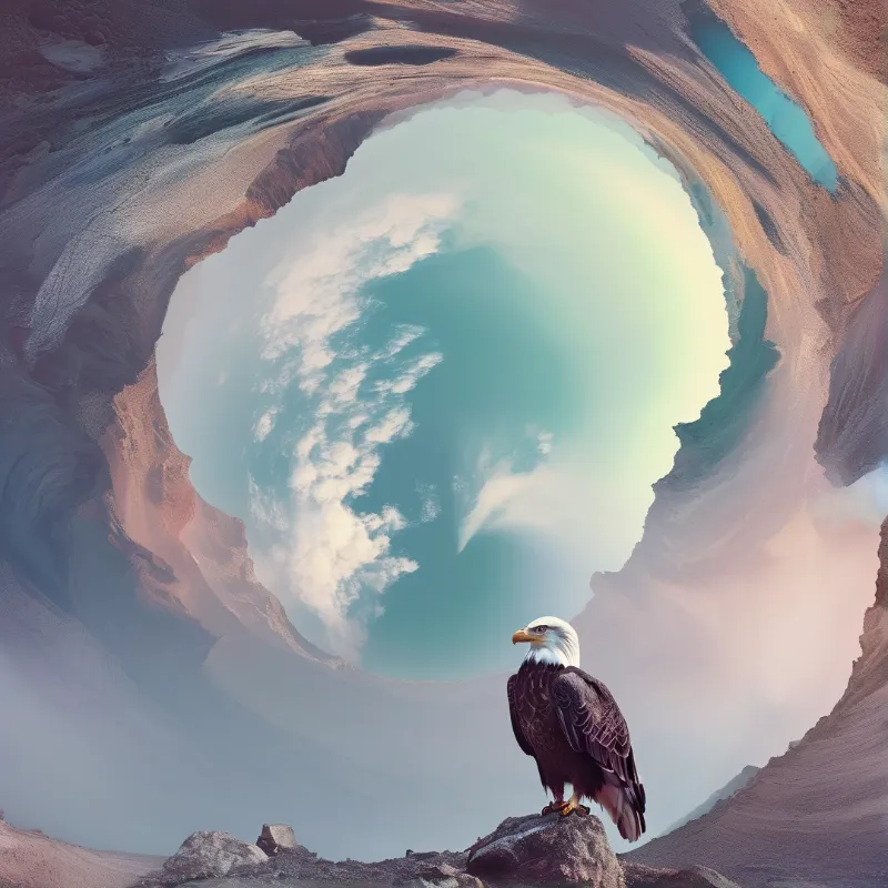 A bald eagle perches on a stone within a massive surreal canyon ring framing a soft blue sky.