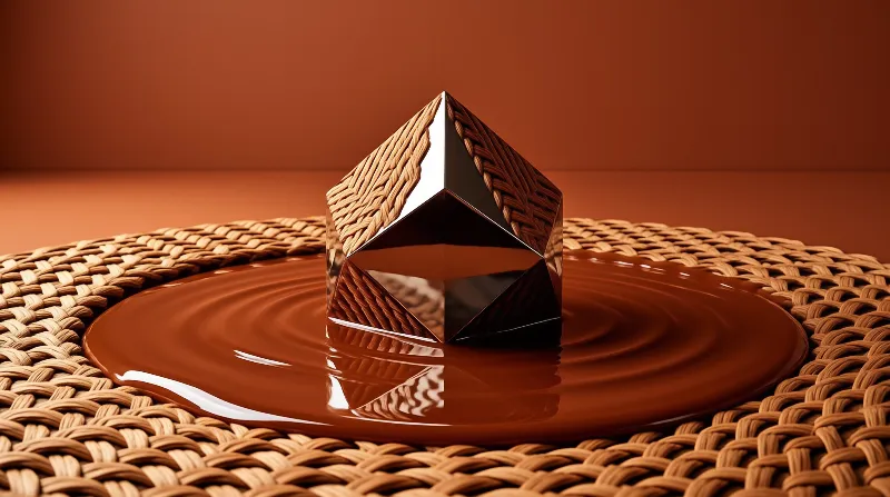 A woven and mirrored geometric form rests on a glossy chocolate disk atop a straw mat under warm lighting.
