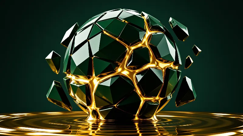 Faceted dark green sphere resting on reflective gold surface as molten liquid flows over geometric facets.