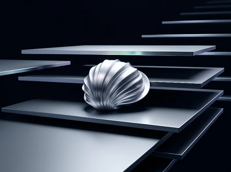 A shiny silver seashell sits centered on a stack of dark rectangular slabs under studio lighting.