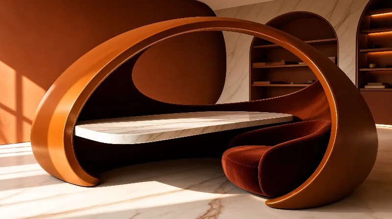 A curved copper frame houses a marble tabletop and a cushioned bench inside a warm sunlit room with arched wooden shelving and marble flooring.