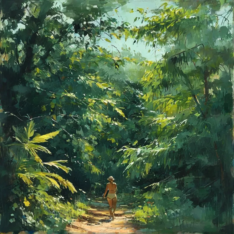 A woman in swimwear walks along a sun-dappled forest path with light filtering through the canopy