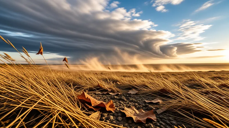 Dramatic shelf cloud rolls above dry golden grass field and fallen leaves at sunset.