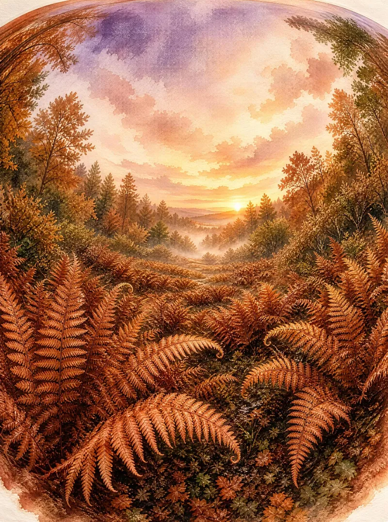 A wide view of a fern-covered field in a forest at sunset, with warm golden light illuminating the sky and trees
