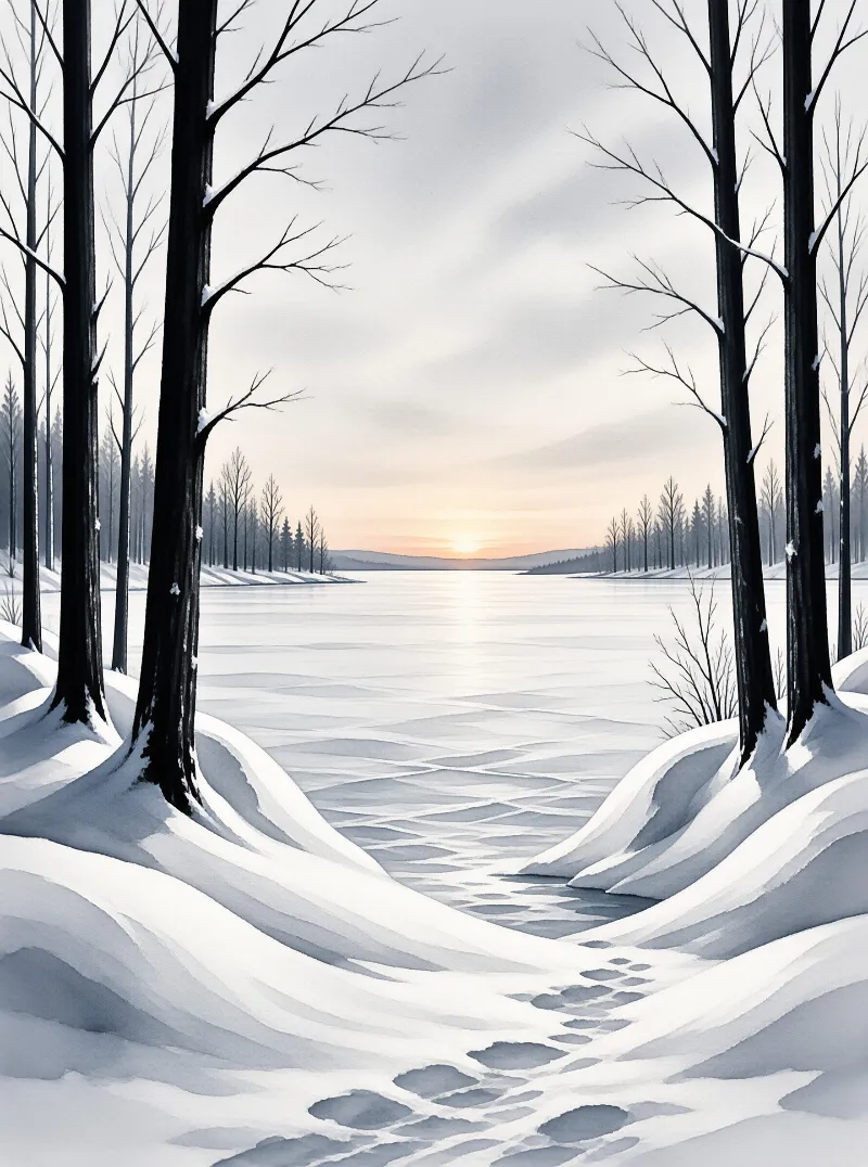 Dark trees frame a frozen lake with footprints in the snow leading toward a soft sunrise on the distant horizon.