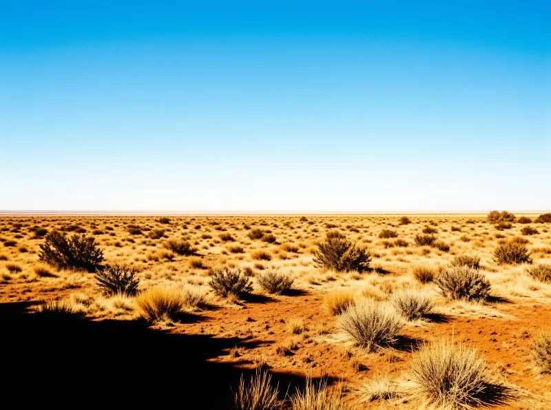 Clumps of spiky grass dot rust coloured sand that stretches flat to the horizon under a vast blue sky.