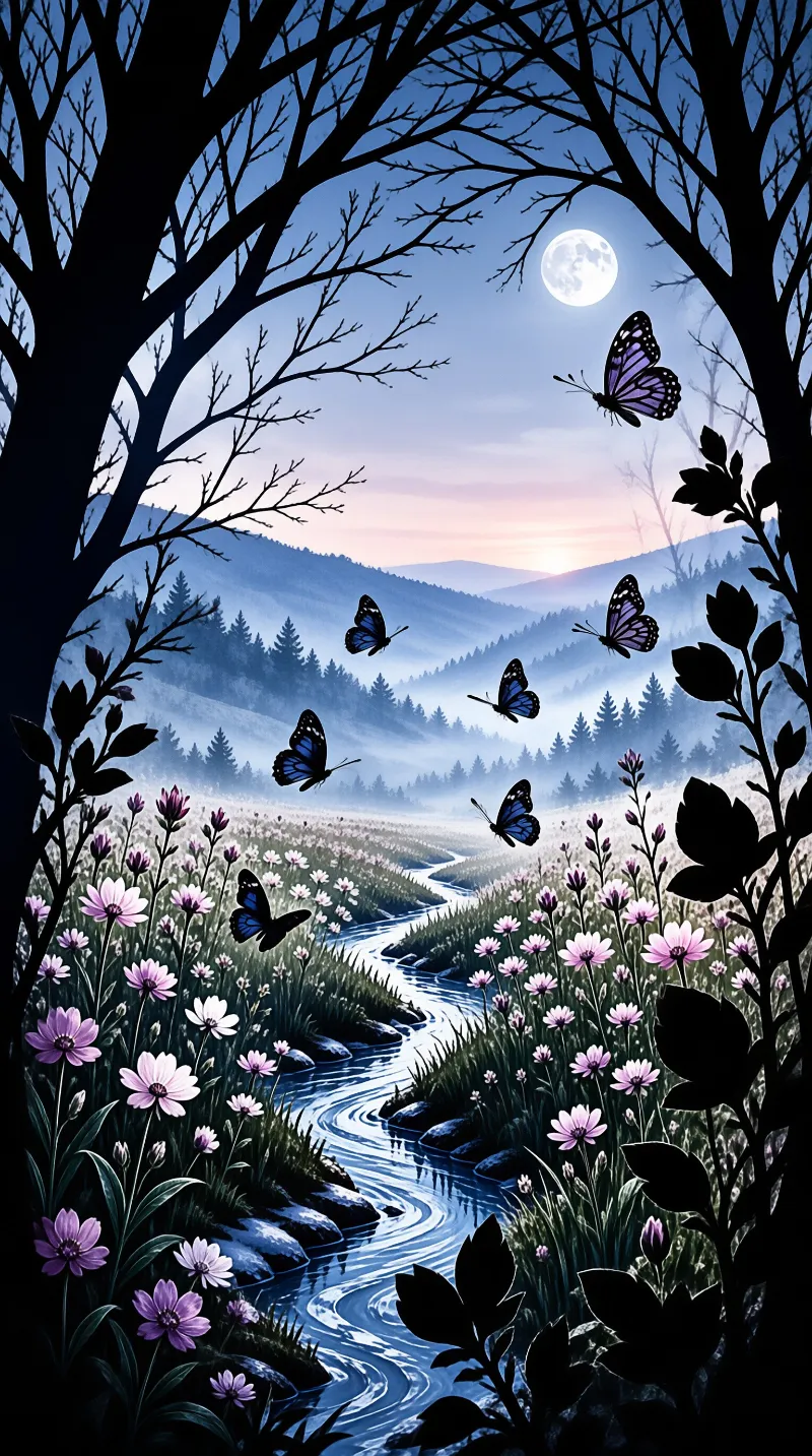 A winding stream runs through a bloom filled meadow toward misty ridges, framed by black tree silhouettes under a full moon