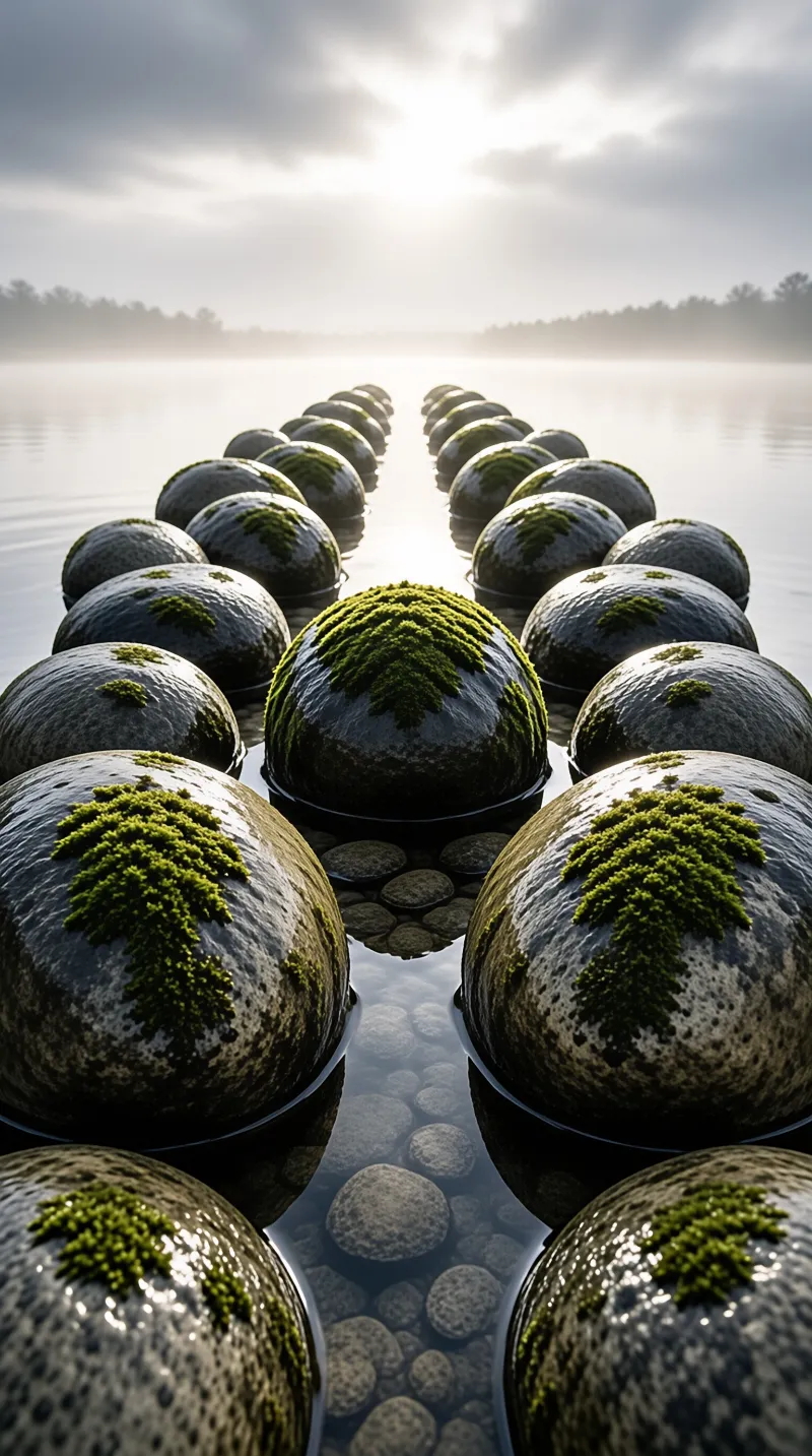 Rows of mossy stones sit in calm water leading to a foggy horizon.