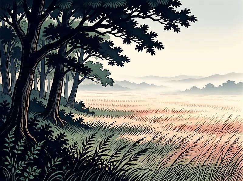 Stylized illustration of a forest edge framing a wide field of tall grass illuminated by soft pink dawn light.