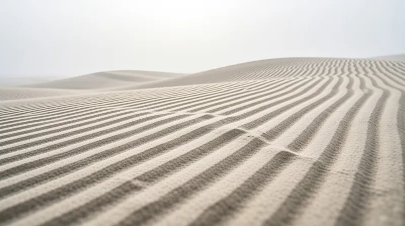 Expansive sand dunes covered in wave like ripples stretch toward a misty horizon under soft diffused lighting.