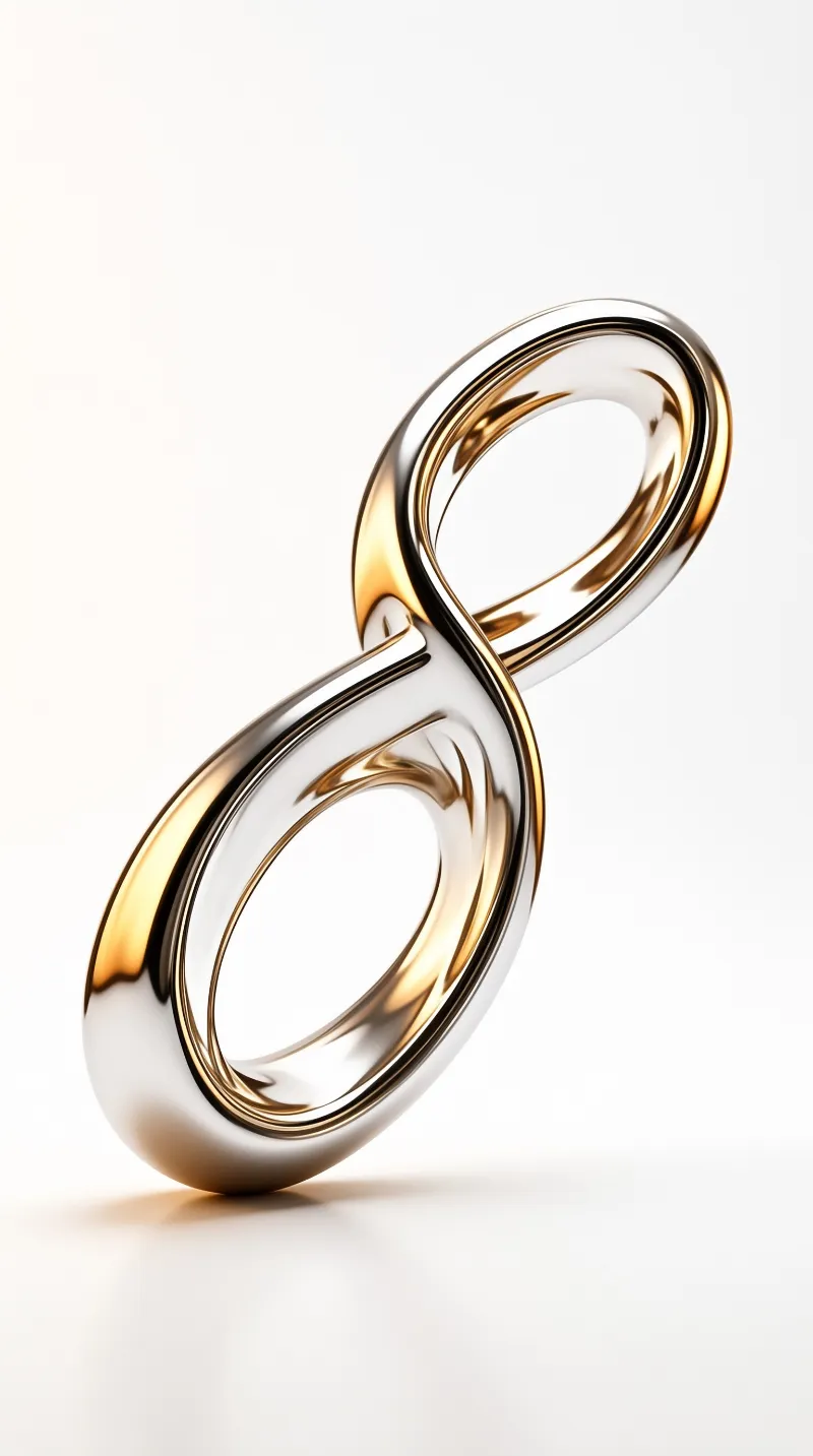 A glossy metal figure shaped like an infinity loop blends silver and gold reflections on a clean white surface.
