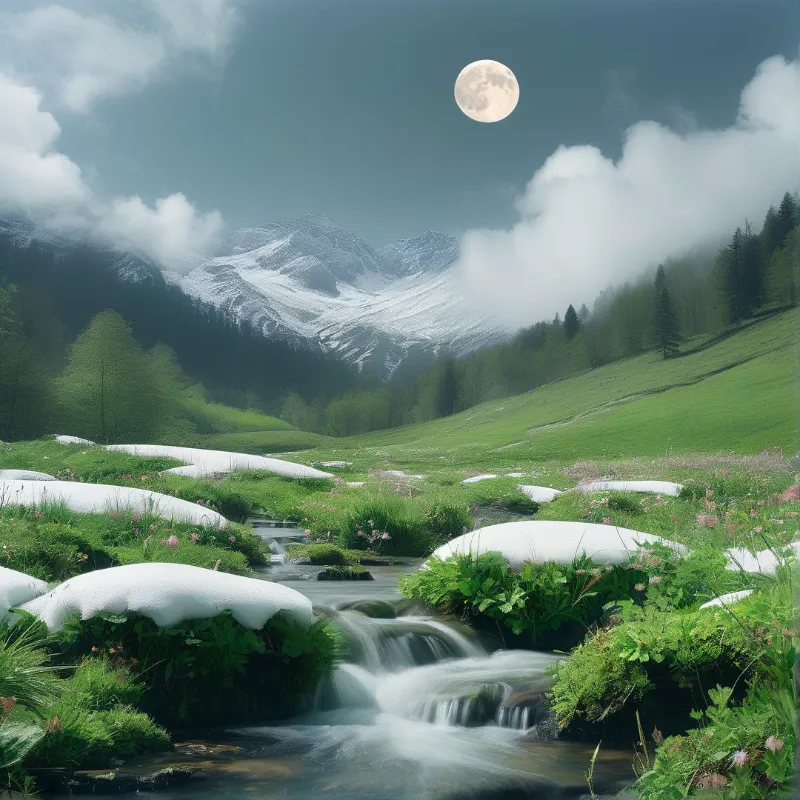 Green grass and snow patches surround a flowing stream while a full moon rises above the mountain range.