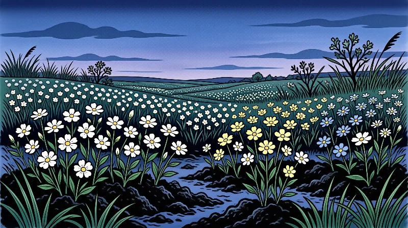 Wildflower meadow beside a rocky creek at blue hour, with colorful blooms across rolling hills under a dark twilight sky.