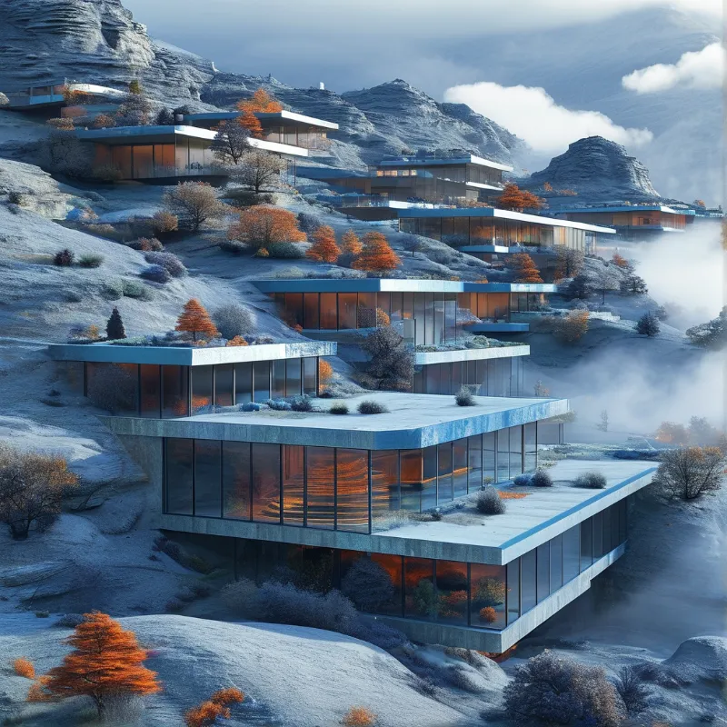 Stacked concrete and glass homes climb a snow-dusted slope, framed by copper autumn trees and drifting valley fog.