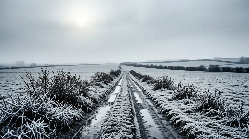 A muddy farm track winds through frost-covered fields under a misty sky with soft sunlight.