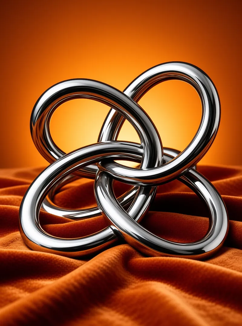A polished silver knot sculpture rests upon draped orange velvet while warm light reflects off its smooth curved surfaces.