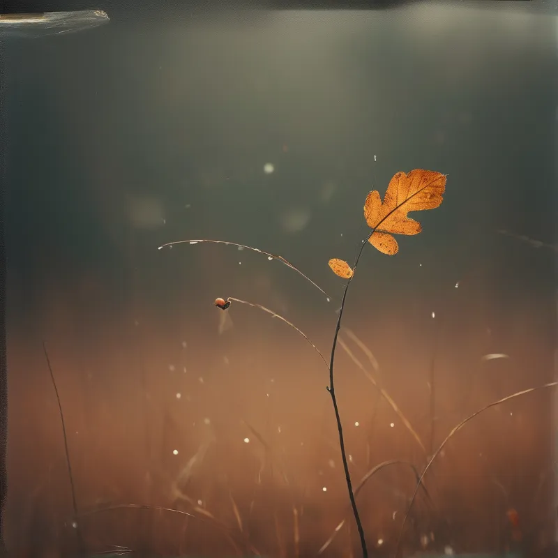 A slender twig bearing a dried brown leaf stands amidst blurred grass under soft, hazy light.