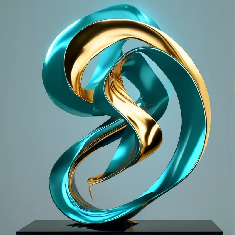 A twisted metallic ribbon sculpture in gold and teal sits on a black base against a neutral grey studio background.