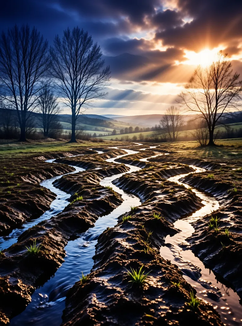 Dark water meanders through textured earth ridges while bare trees frame a horizon glowing with sunbeams.