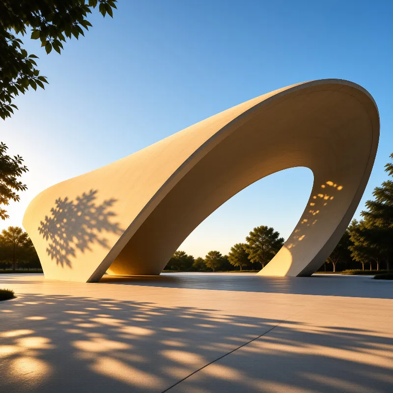 A massive beige concrete loop arches over a paved plaza with dappled tree shadows stretching across the ground.
