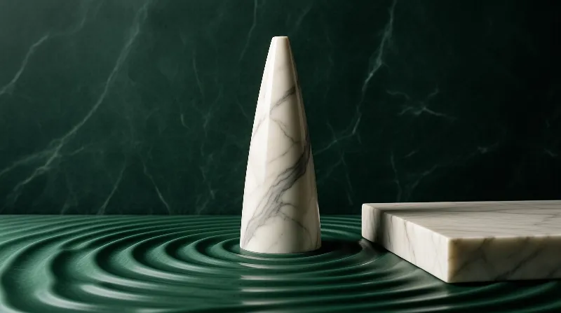 A polished white marble cone stands beside a marble slab on a rippled emerald surface