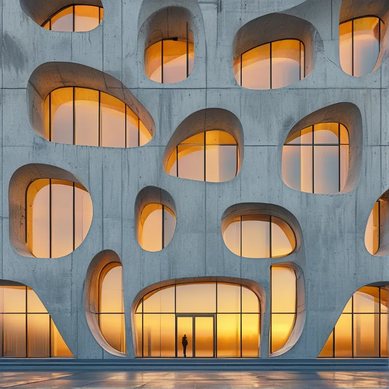 A smooth grey concrete wall is carved with irregular rounded openings, each lit from inside by warm amber light at dusk.