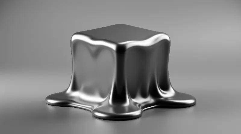 A glossy silver form sags downward onto a smooth neutral surface.