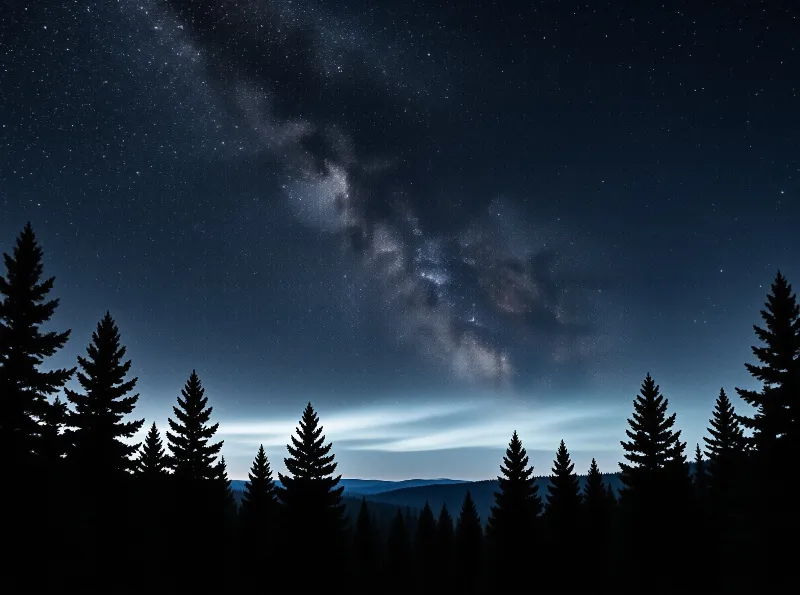 A starry sky with the Milky Way arching above a dark treeline of pine trees and distant mountains under twilight.