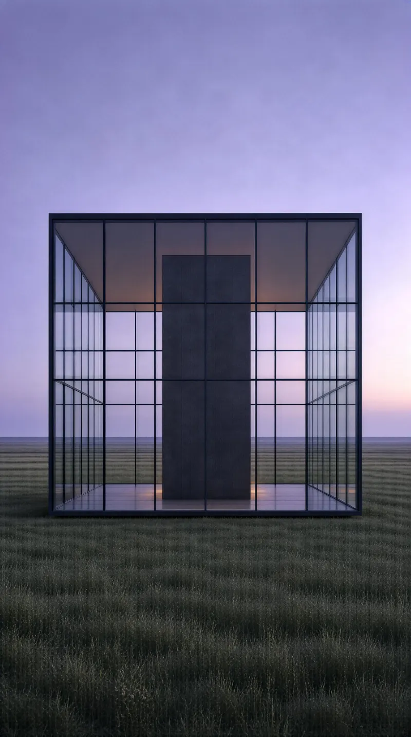 Modern Glass Cube in Open Field